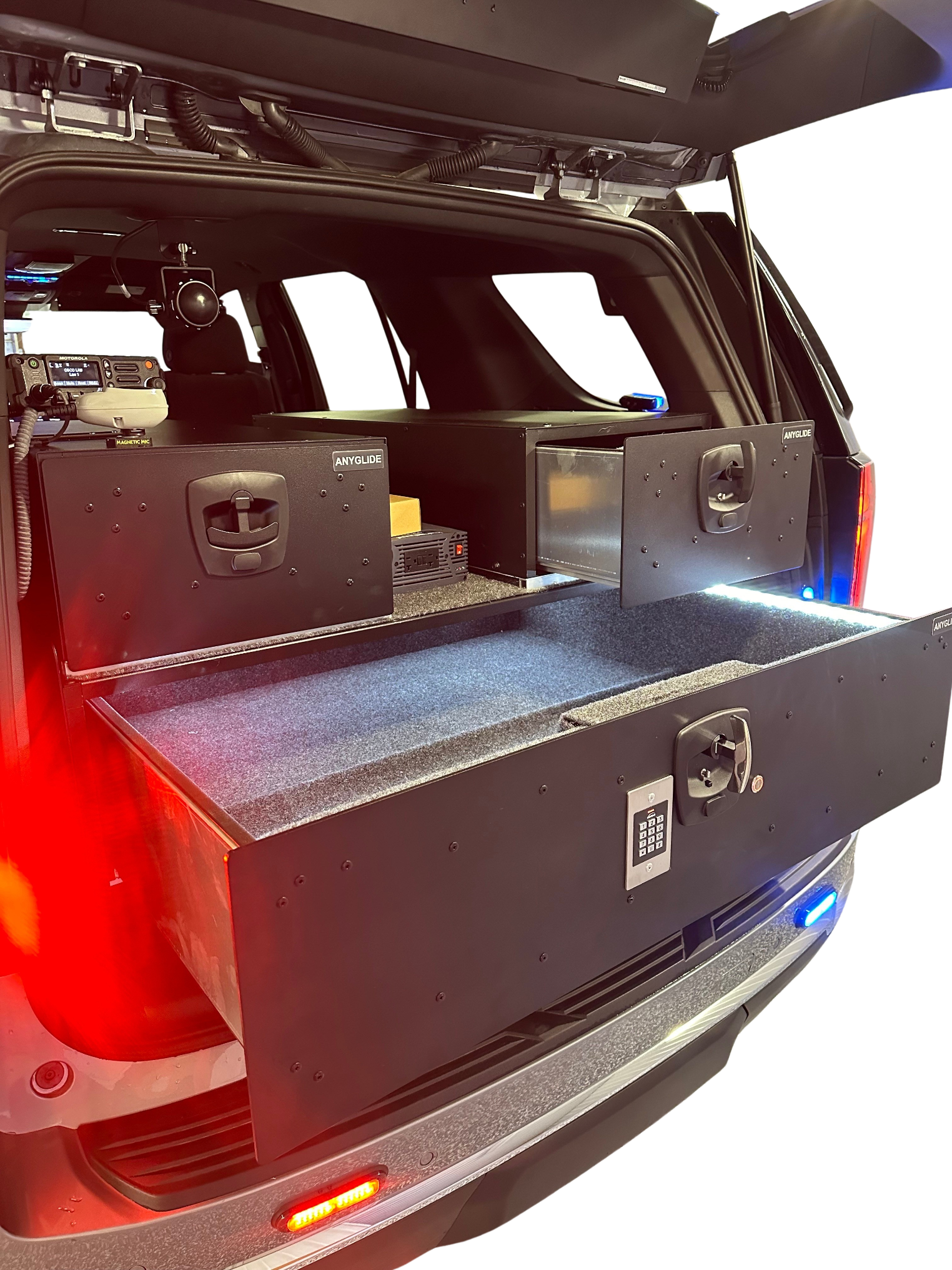 Trunk of a vehicle with storage compartments and lights